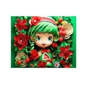 #1 Whimsical Chistmas Elf with Red and Green 3D Flowers Art Print 10x8